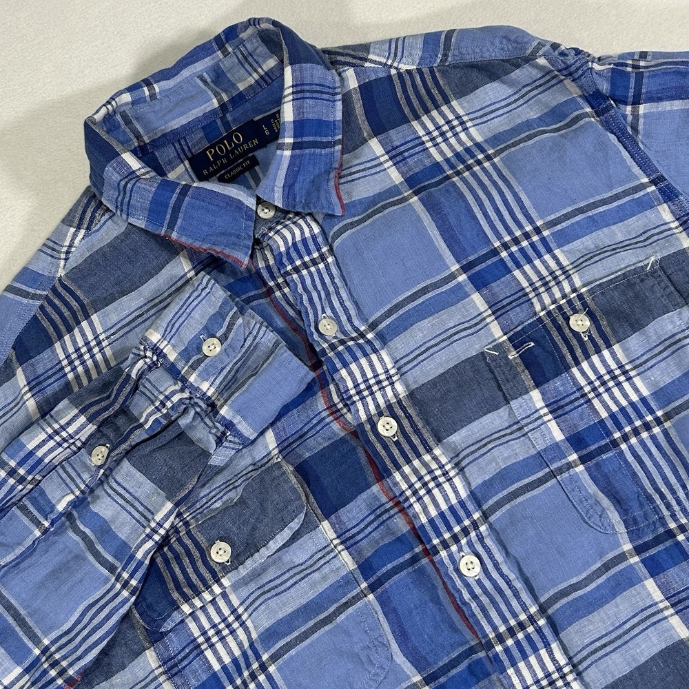 Polo Ralph Lauren Classic Fit Men's Large Blue Plaid Linen Long Sleeve Shirt